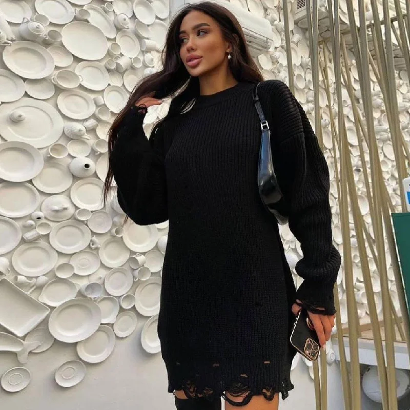 organic fabric mini dressesDistressed Trim Pullover Sweater Mini Dress - Black