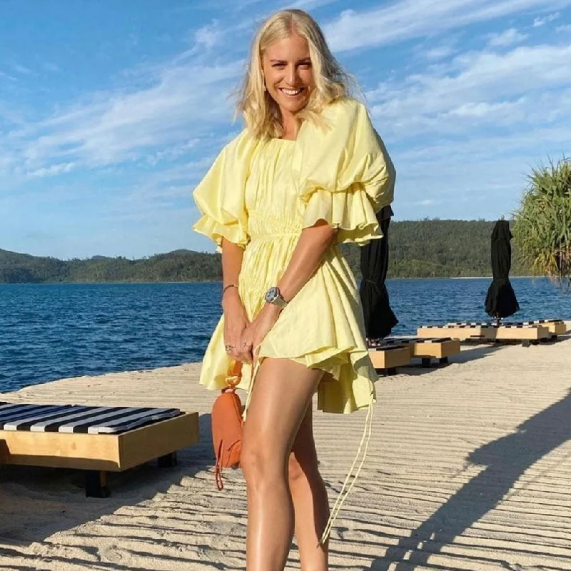breathable mini dressesCute Puff Sleeve Tied Ruffle Babydoll Mini Dress - Yellow