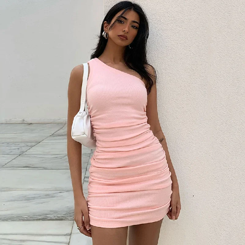 A line mini dressesOne Shoulder Sleeveless Ribbed Bodycon Ruched Mini Dress - Pink A line mini dressesOne Shoulder Sleeveless Ribbed Bodycon Ruched Mini Dress - Pink