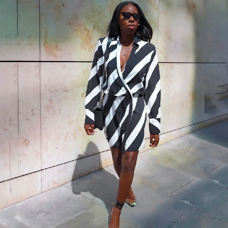 cocktail mini dressesDiagonal Stripe Print Shoulder Pad Deep V Wrap Mini Dress - Black cocktail mini dressesDiagonal Stripe Print Shoulder Pad Deep V Wrap Mini Dress - Black