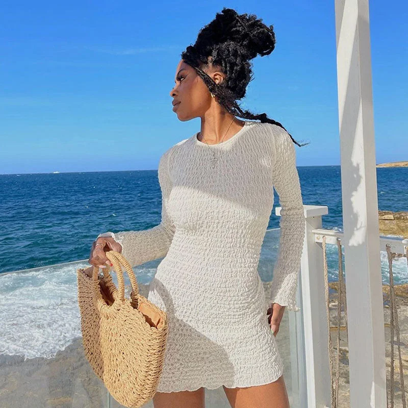 holiday themed mini dressesBeach Vacation Smocked Crew Neck Long Sleeve Tie Back Mini Dress - White holiday themed mini dressesBeach Vacation Smocked Crew Neck Long Sleeve Tie Back Mini Dress - White