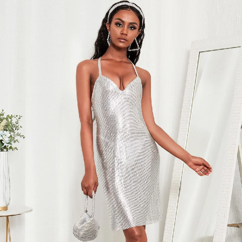 retro 80s mini dressesSparkling Sleeveless Crisscross Open Back Party Mini Dress - Silver retro 80s mini dressesSparkling Sleeveless Crisscross Open Back Party Mini Dress - Silver