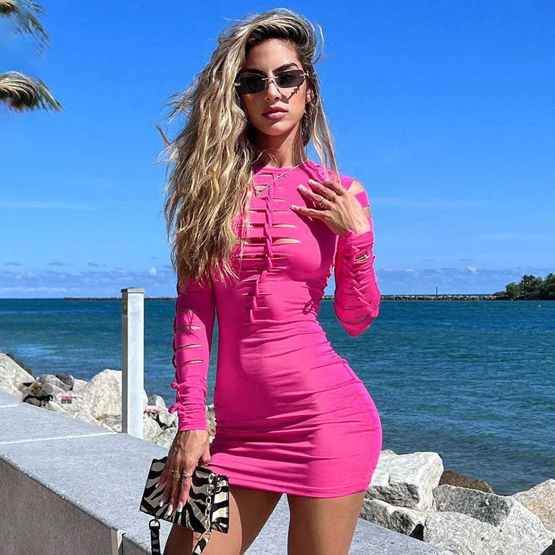 baby girl mini dressesSlashed Ladder Cut Out Crew Neck Long Sleeve Bodycon Mini Dress - Hot Pink baby girl mini dressesSlashed Ladder Cut Out Crew Neck Long Sleeve Bodycon Mini Dress - Hot Pink