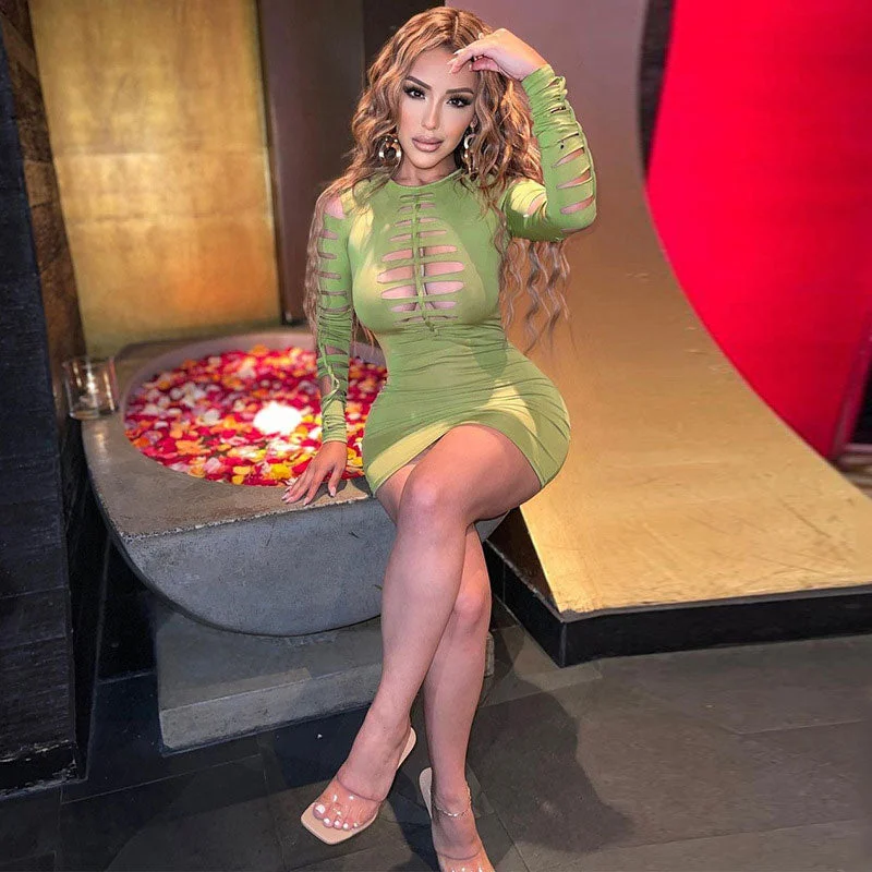 graduation mini dressesSlashed Ladder Cut Out Crew Neck Long Sleeve Bodycon Mini Dress - Green graduation mini dressesSlashed Ladder Cut Out Crew Neck Long Sleeve Bodycon Mini Dress - Green