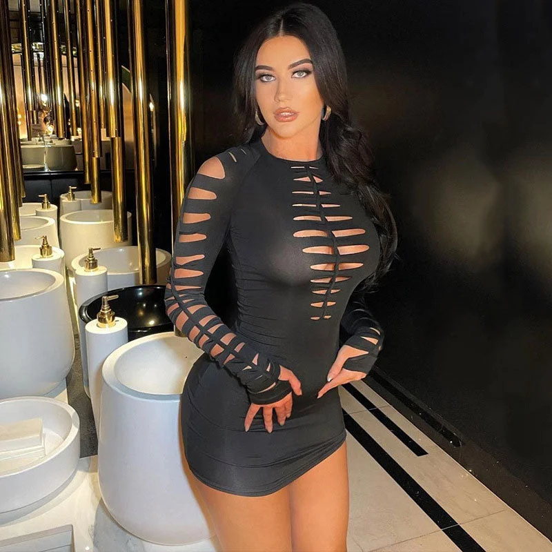 school uniform mini dressesSlashed Ladder Cut Out Crew Neck Long Sleeve Bodycon Mini Dress - Black school uniform mini dressesSlashed Ladder Cut Out Crew Neck Long Sleeve Bodycon Mini Dress - Black
