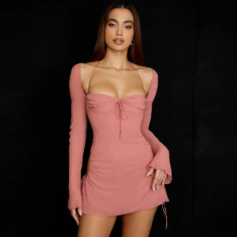 yellow mini dressesHalter Tie Strap Ruched Cut Out Club Mini Dress - Pink