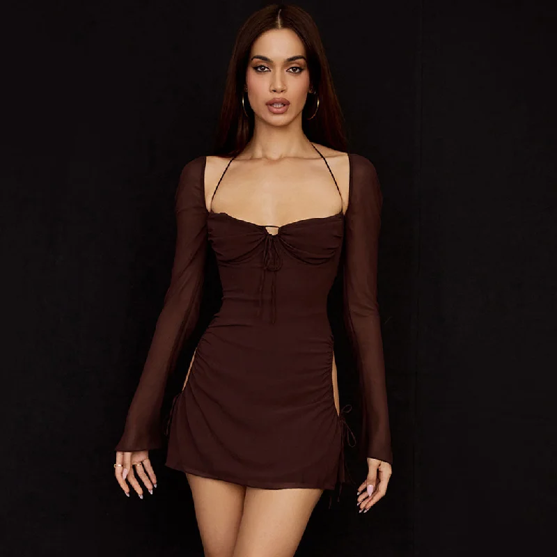 brown mini dressesHalter Tie Strap Ruched Cut Out Club Mini Dress - Chocolate