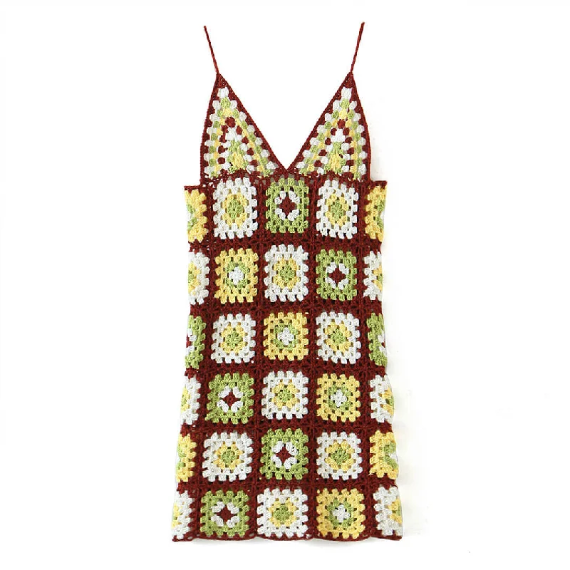 quick dry mini dressesCrochet Knit Granny Square Patterns Slip Mini Dress - Burgundy quick dry mini dressesCrochet Knit Granny Square Patterns Slip Mini Dress - Burgundy
