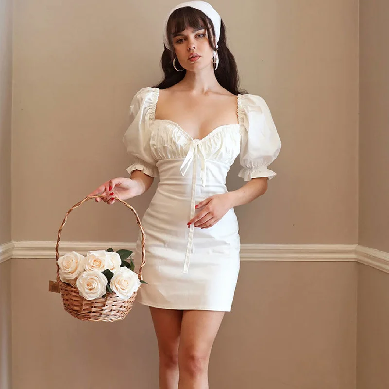 cocktail mini dressesPretty Puff Sleeve Ruched V Neck Bodycon Mini Dress - White