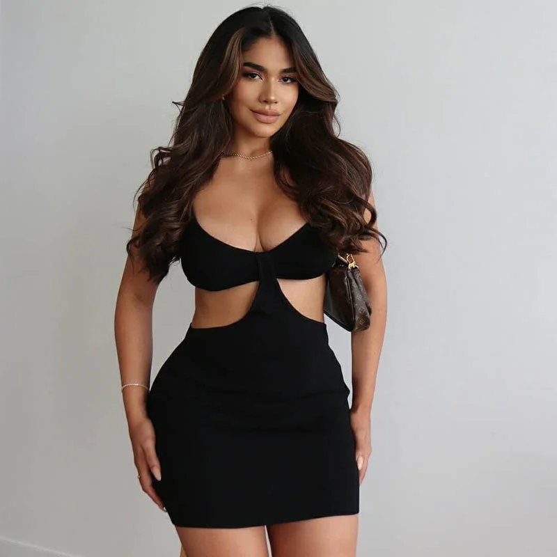 button down mini dressesTrendy Ribbed Deep V Neck Cut Out Party Mini Dress - Black
