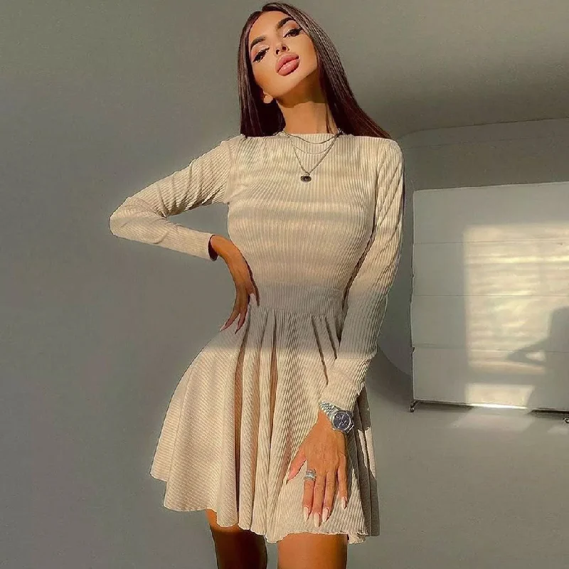 organic fabric mini dressesSweet Rib Knit Cut Out Back Long Sleeve Skater Mini Dress - Apricot organic fabric mini dressesSweet Rib Knit Cut Out Back Long Sleeve Skater Mini Dress - Apricot