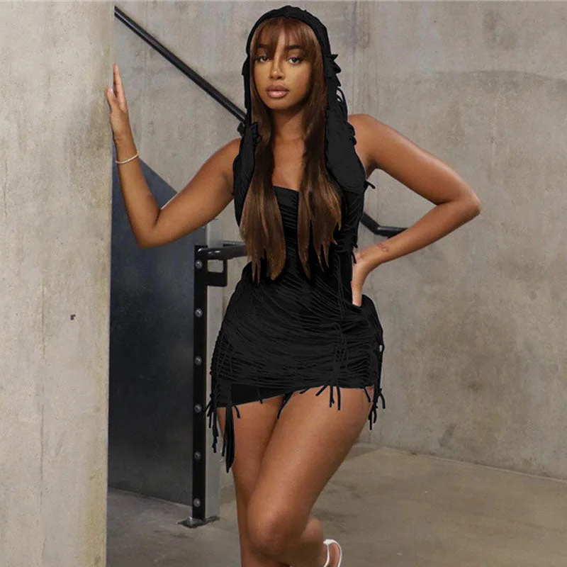 beach printed mini dressesStreet Style Distressed Sleeveless Low Back Hooded Mini Dress - Black beach printed mini dressesStreet Style Distressed Sleeveless Low Back Hooded Mini Dress - Black