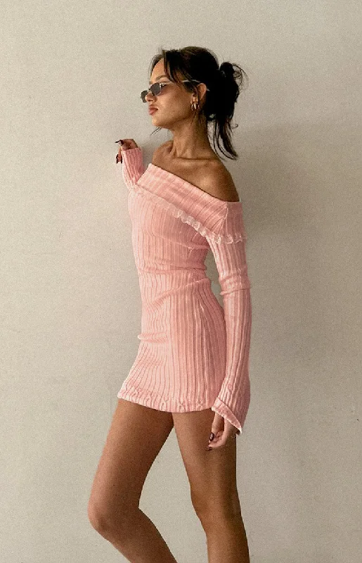 long sleeve mini dressesMimi Pink Long Sleeve Off Shoulder Knit Mini Dress