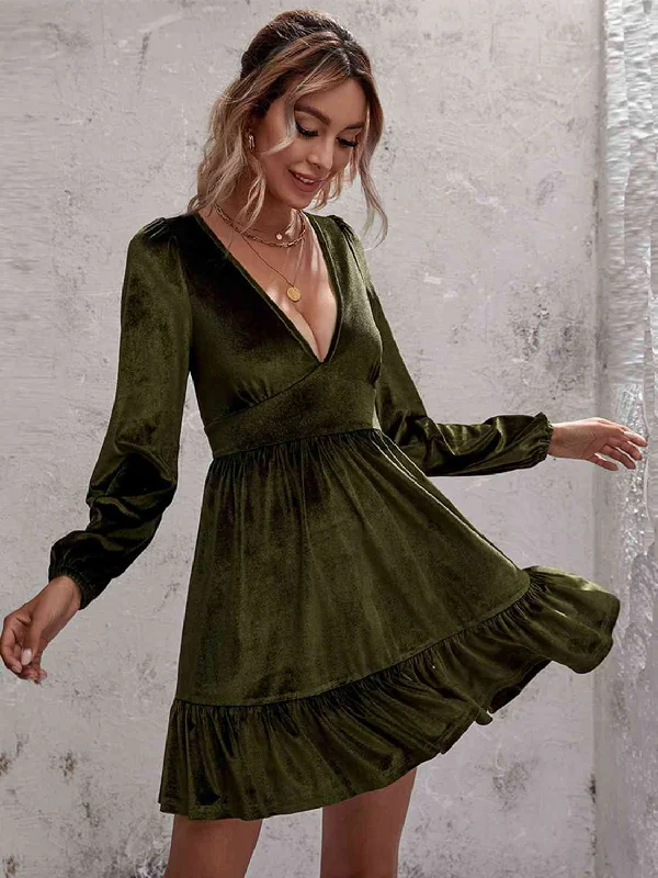 Halloween mini dressesPlunge Long Sleeve Ruffle Hem Velvet Dress