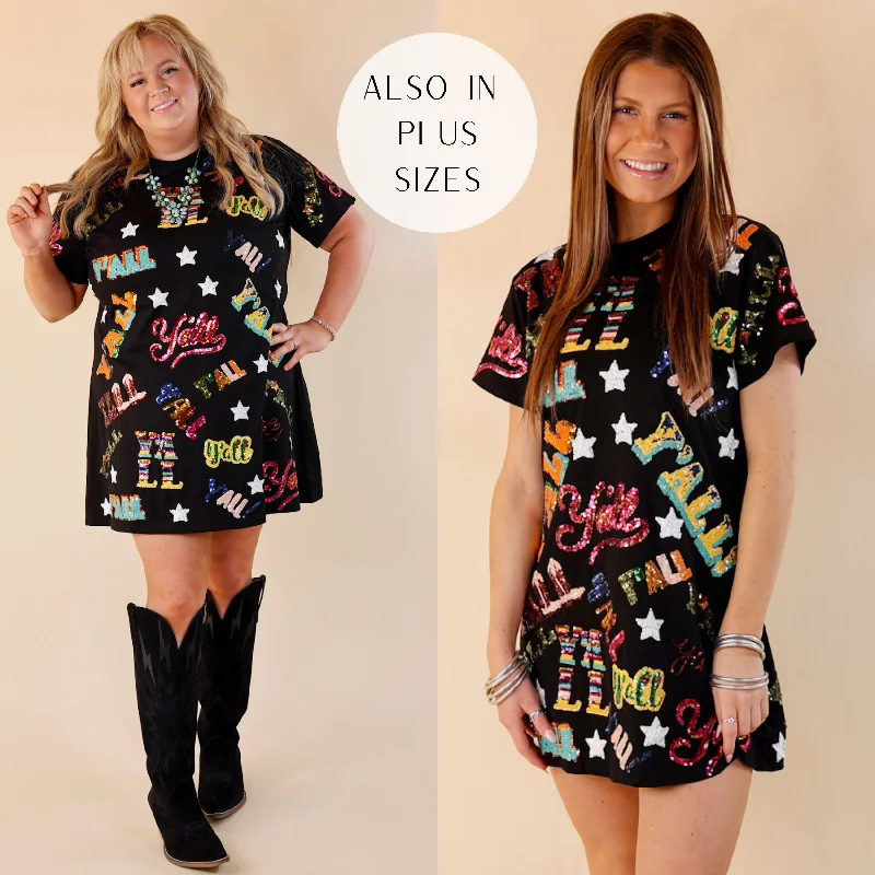 cottagecore mini dressesQueen Of Sparkles |  Saddle Soiree Sequined Y'all Short Sleeve Tee Dress in Black