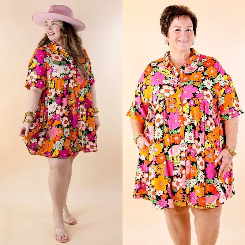 pleated mini dressesLast Chance Size Large and XL | Ready To Flaunt Button Up Floral Print Dress in Orange and Pink Mix