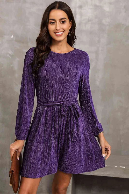 pleated mini dressesRound Neck Tie Front Long Sleeve Dress