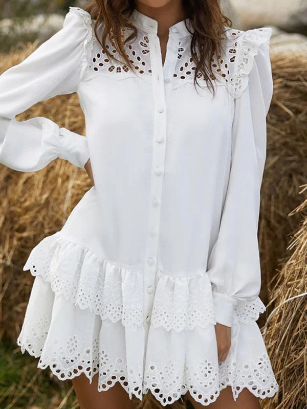 short sleeve mini dressesSexy Hollow Lace Fashion Shirt Dress