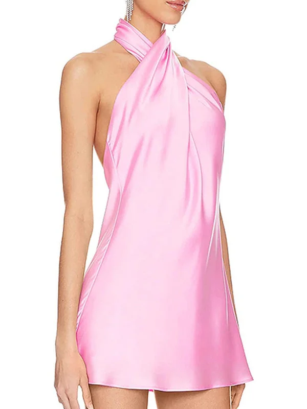 high low hem mini dressesSlim fit crossover sleeveless backless halterneck dress