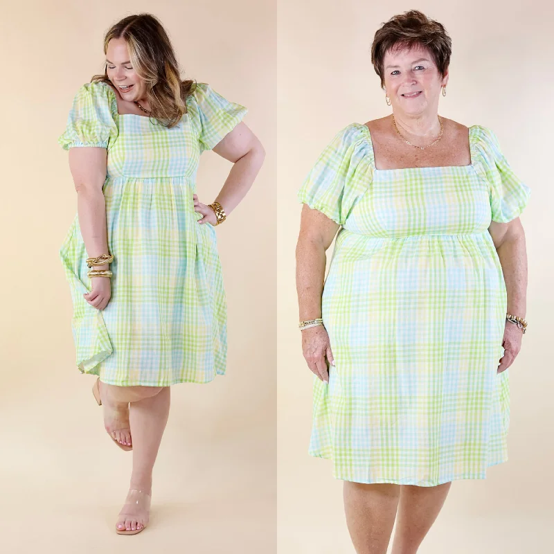 wedding guest mini dressesSpring Serenity Plaid Dress with Balloon Sleeves in Green Mix wedding guest mini dressesSpring Serenity Plaid Dress with Balloon Sleeves in Green Mix