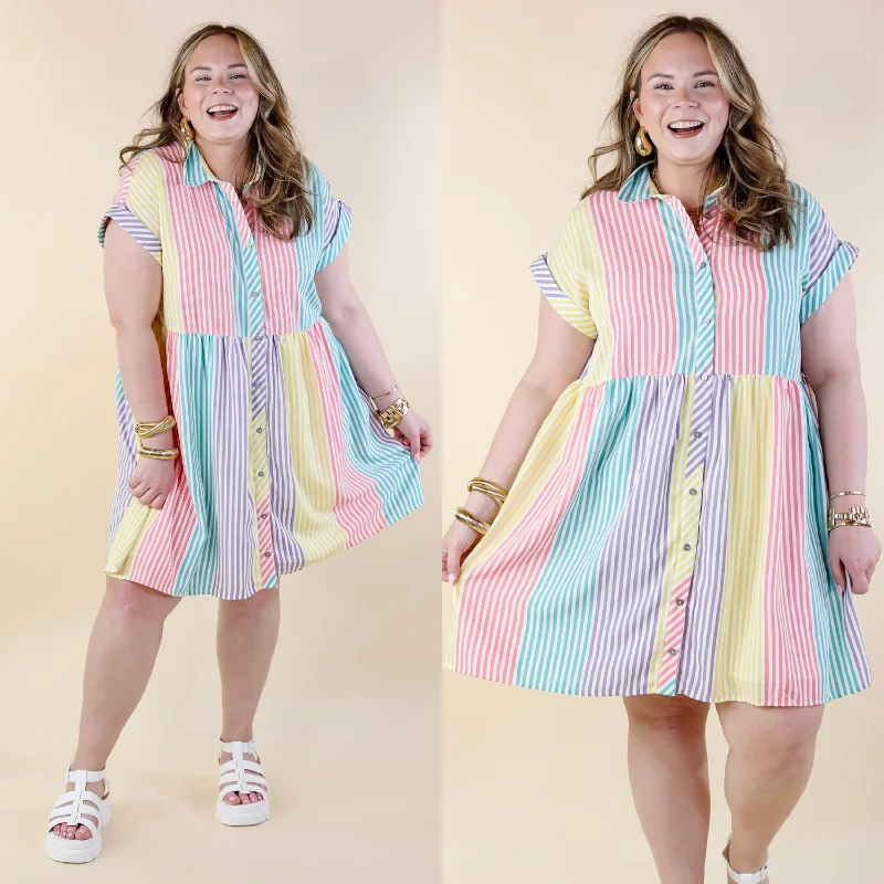 graduation mini dressesSpring Symphony Multi Color Striped Dress with Collar