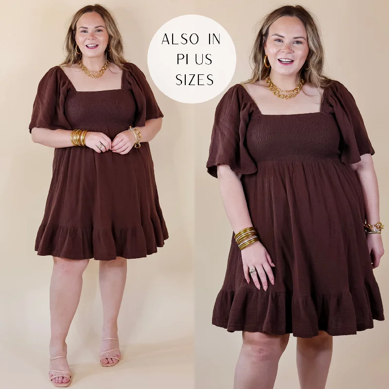 Valentine's Day mini dressesLast Chance Size Medium | Sugary Sweet Smocked Bodice Dress with Ruffle Hem in Brown Valentine's Day mini dressesLast Chance Size Medium | Sugary Sweet Smocked Bodice Dress with Ruffle Hem in Brown