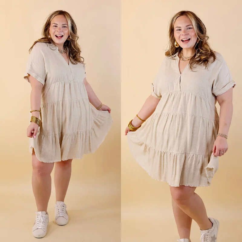 abstract print mini dressesLast Chance Size Small, Medium & XL | Taos Transitions Ruffle Tiered Collared Dress with Frayed Hem in Beige abstract print mini dressesLast Chance Size Small, Medium & XL | Taos Transitions Ruffle Tiered Collared Dress with Frayed Hem in Beige