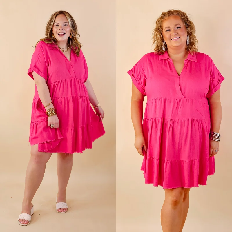 gray mini dressesTaos Transitions Ruffle Tiered Collared Dress with Frayed Hem in Hot Pink gray mini dressesTaos Transitions Ruffle Tiered Collared Dress with Frayed Hem in Hot Pink