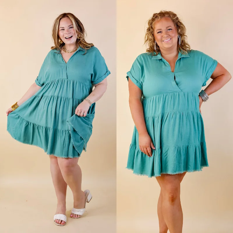 button down mini dressesLast Chance Size Small, Large & 1XL | Taos Transitions Ruffle Tiered Collared Dress with Frayed Hem in Turquoise button down mini dressesLast Chance Size Small, Large & 1XL | Taos Transitions Ruffle Tiered Collared Dress with Frayed Hem in Turquoise
