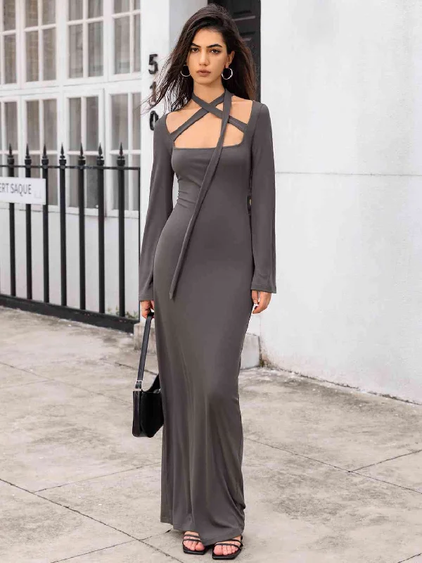 cottagecore mini dressesTie Detail Long Sleeve Sexy Maxi Dress