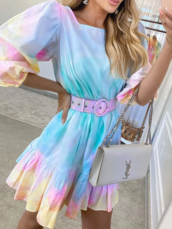 ruffled hem mini dressesTie Dye Dress Fashion Holiday Style Ruffle Waist Slim Printed Pastel Dress ruffled hem mini dressesTie Dye Dress Fashion Holiday Style Ruffle Waist Slim Printed Pastel Dress