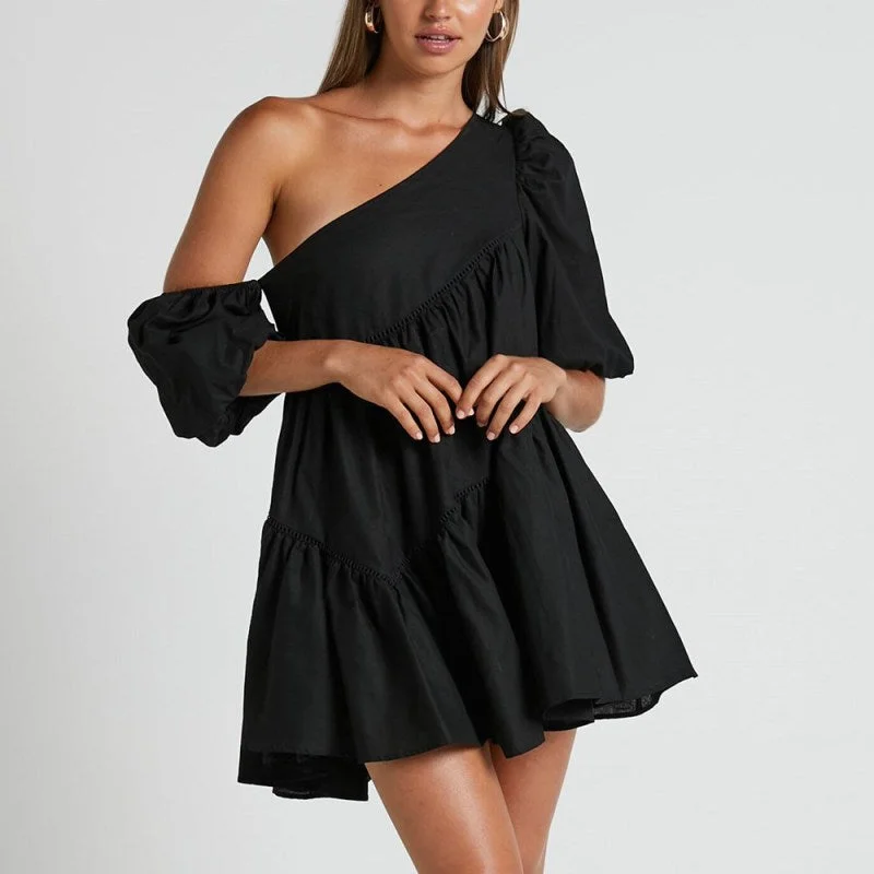teenage mini dressesWomen's casual loose off-shoulder puff sleeve patchwork short-sleeved dress irregular skirt